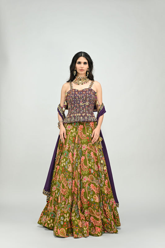 OLIVE HIGHLIGHTED LEHENGA PAIRED WITH PLUM EMBROIDERED BADLA CORSET AND DUPATTA