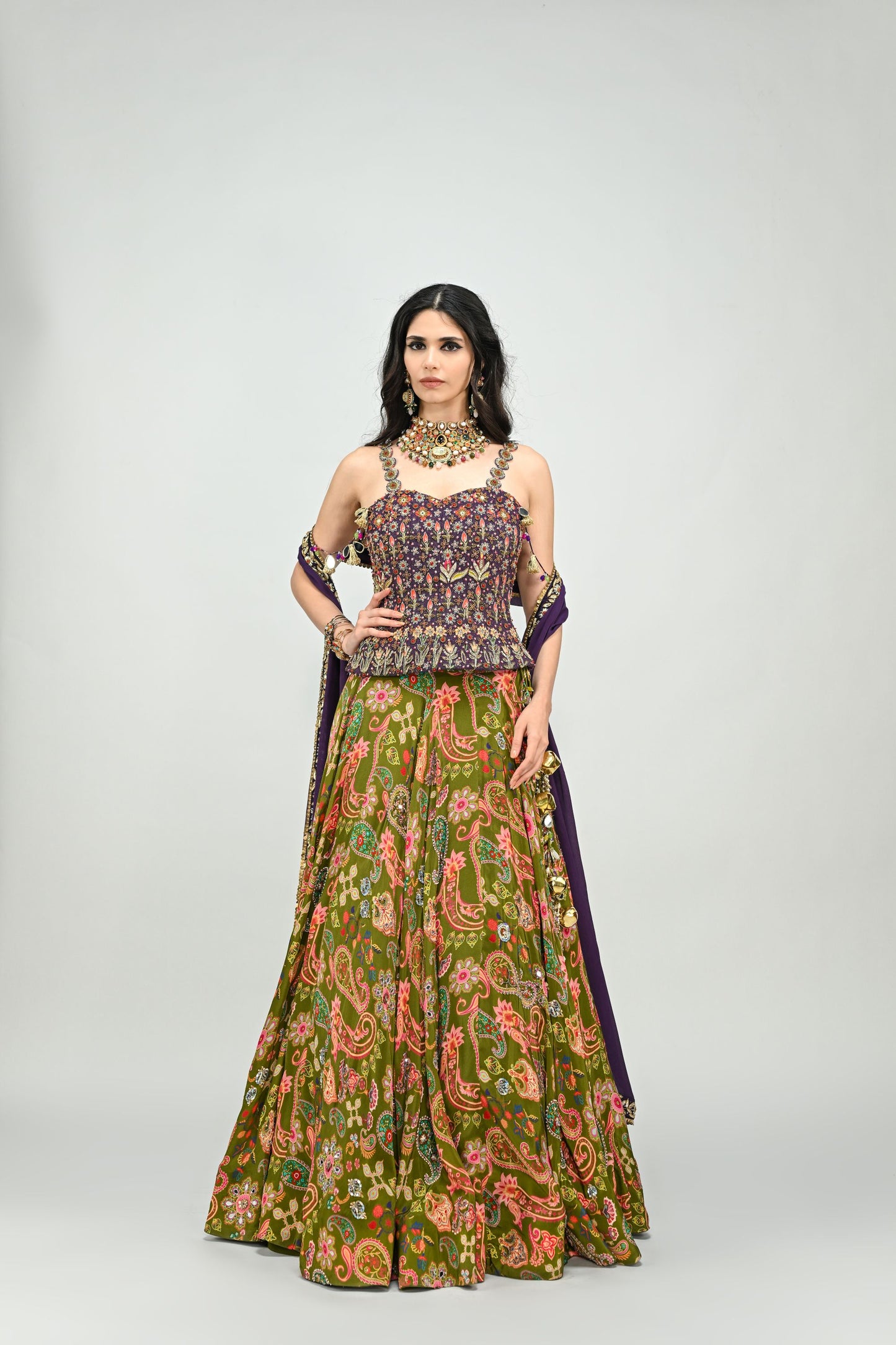 OLIVE HIGHLIGHTED LEHENGA PAIRED WITH PLUM EMBROIDERED BADLA CORSET AND DUPATTA