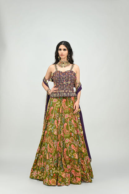 OLIVE HIGHLIGHTED LEHENGA PAIRED WITH PLUM EMBROIDERED BADLA CORSET AND DUPATTA