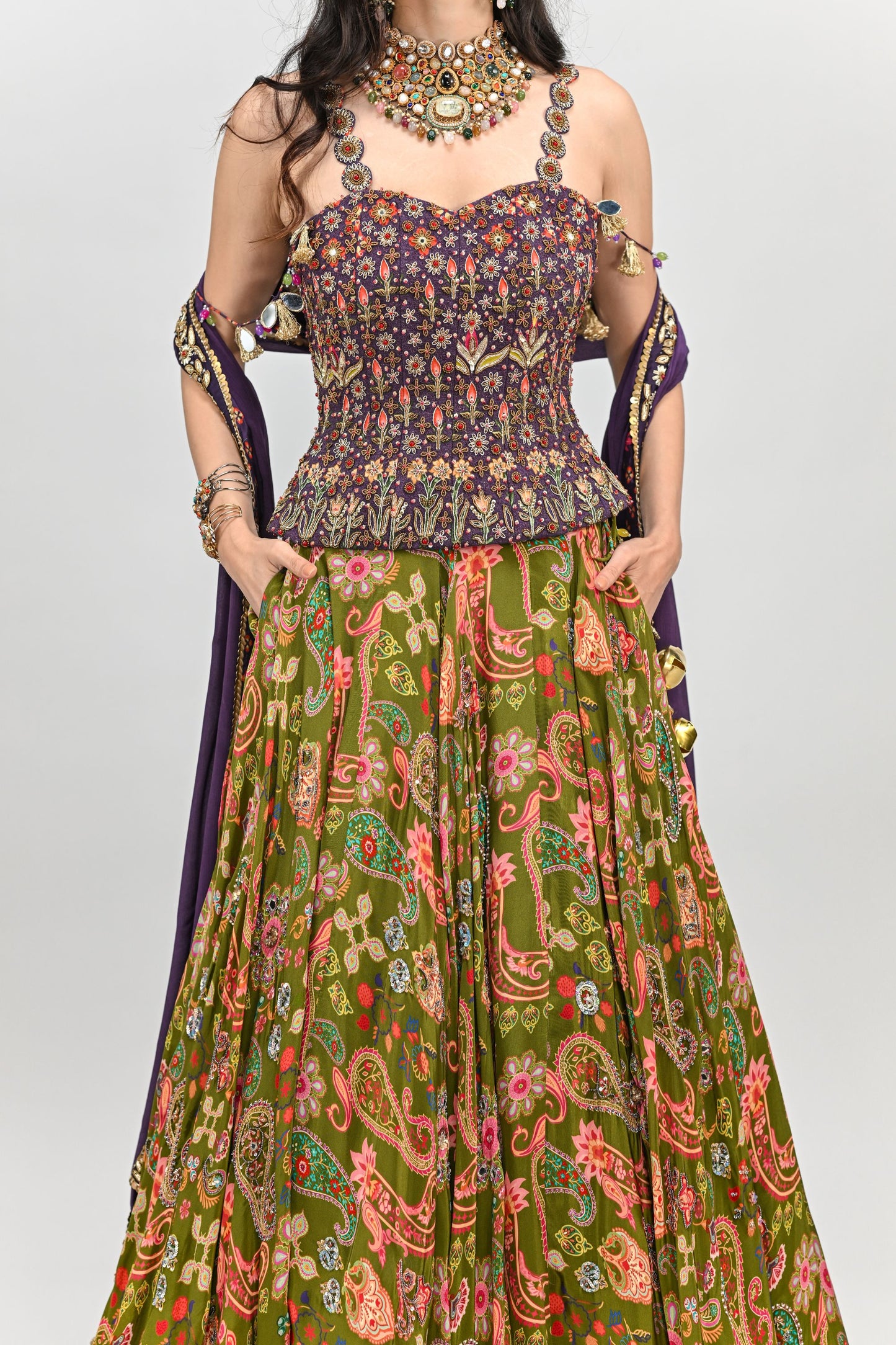 OLIVE HIGHLIGHTED LEHENGA PAIRED WITH PLUM EMBROIDERED BADLA CORSET AND DUPATTA