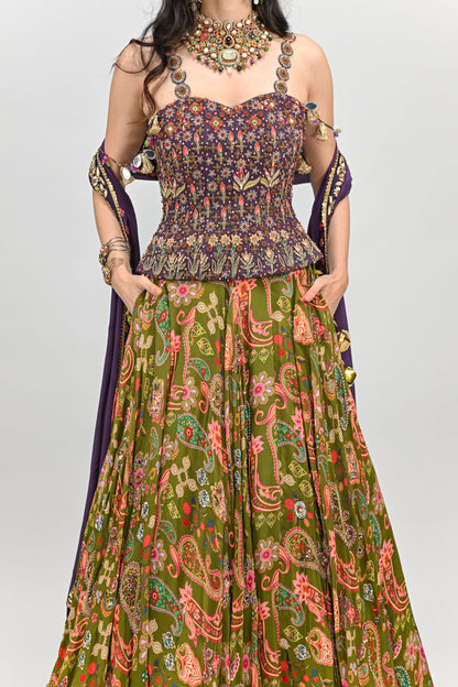 OLIVE HIGHLIGHTED LEHENGA PAIRED WITH PLUM EMBROIDERED BADLA CORSET AND DUPATTA