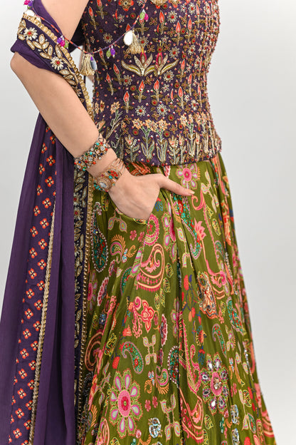 OLIVE HIGHLIGHTED LEHENGA PAIRED WITH PLUM EMBROIDERED BADLA CORSET AND DUPATTA