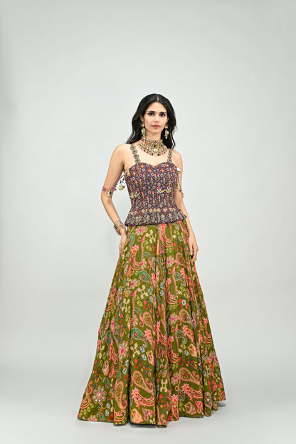 OLIVE HIGHLIGHTED LEHENGA PAIRED WITH PLUM EMBROIDERED BADLA CORSET