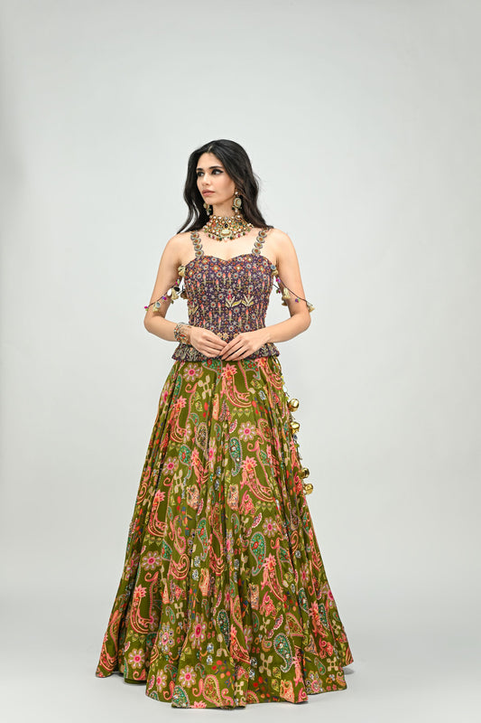 OLIVE HIGHLIGHTED LEHENGA PAIRED WITH PLUM EMBROIDERED BADLA CORSET