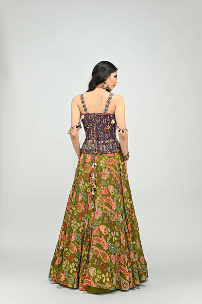 OLIVE HIGHLIGHTED LEHENGA PAIRED WITH PLUM EMBROIDERED BADLA CORSET