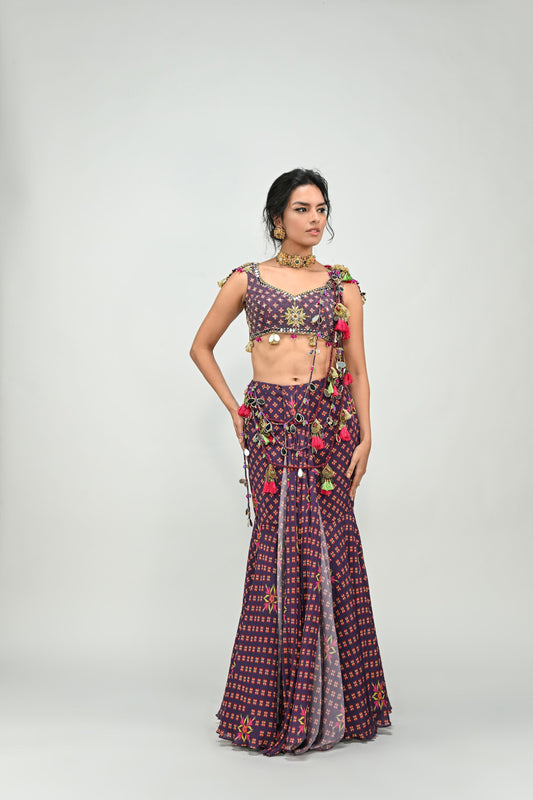PLUM PRESTITCHED TASSEL SAREE PAIRED WITH BADLA EMBROIDERED PLUM BADLA HIGHLIGHTED BLOUSE