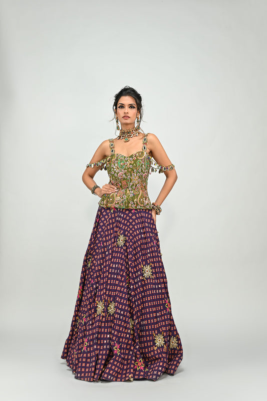 PLUM HIGHLIGHTED LEHENGA PAIRED WITH PLUM BADLA CORSET