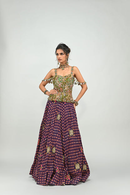 PLUM HIGHLIGHTED LEHENGA PAIRED WITH PLUM BADLA CORSET