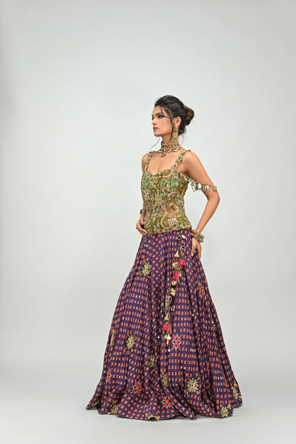 PLUM HIGHLIGHTED LEHENGA PAIRED WITH PLUM BADLA CORSET
