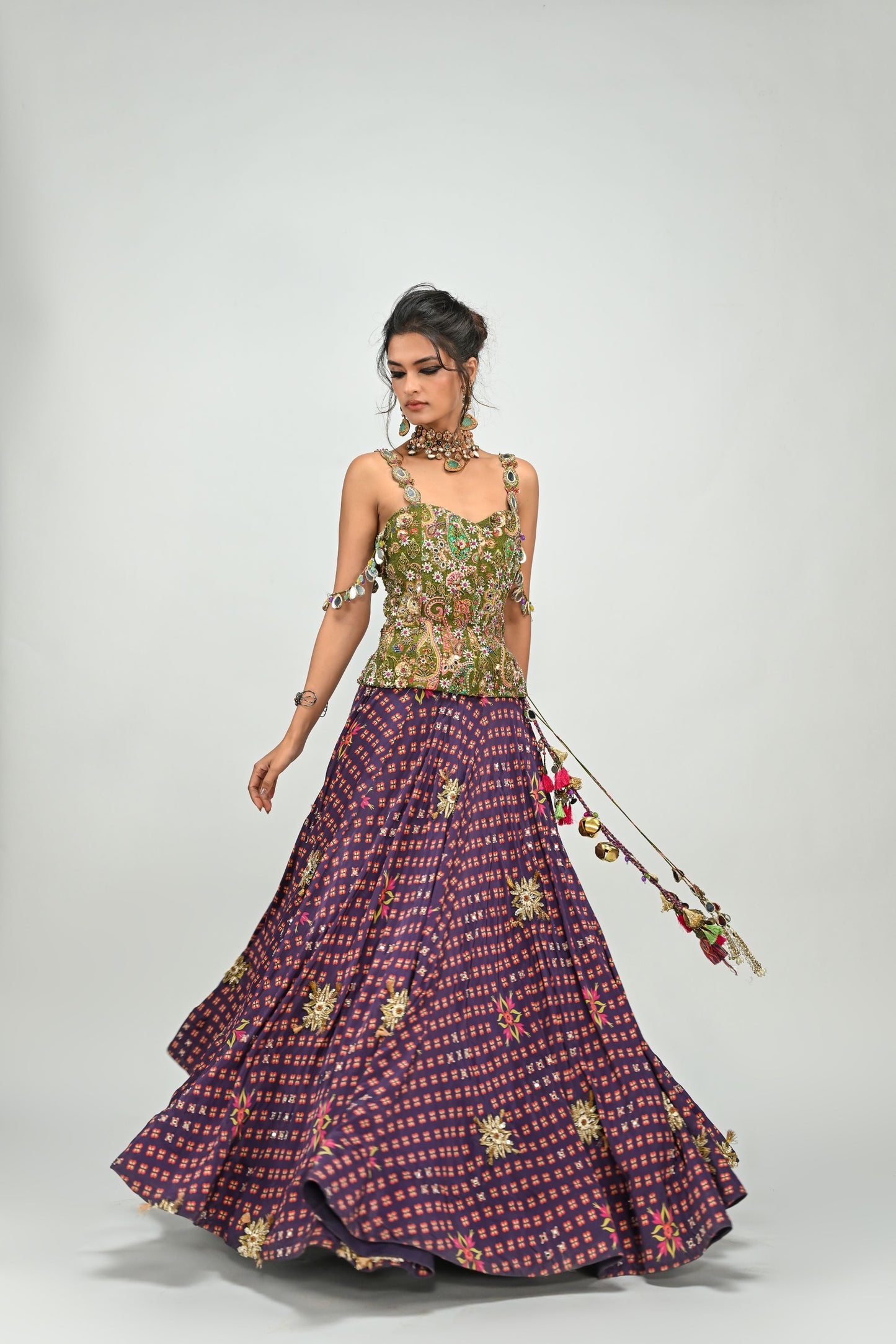 PLUM HIGHLIGHTED LEHENGA PAIRED WITH PLUM BADLA CORSET