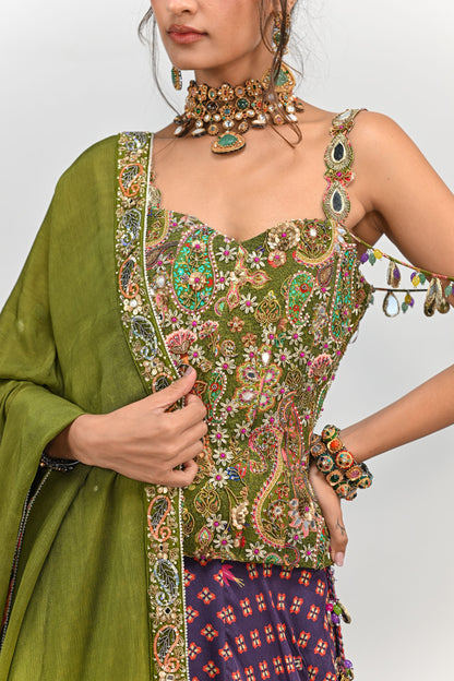 PLUM HIGHLIGHTED LEHENGA PAIRED WITH PLUM BADLA CORSET AND DUPATTA