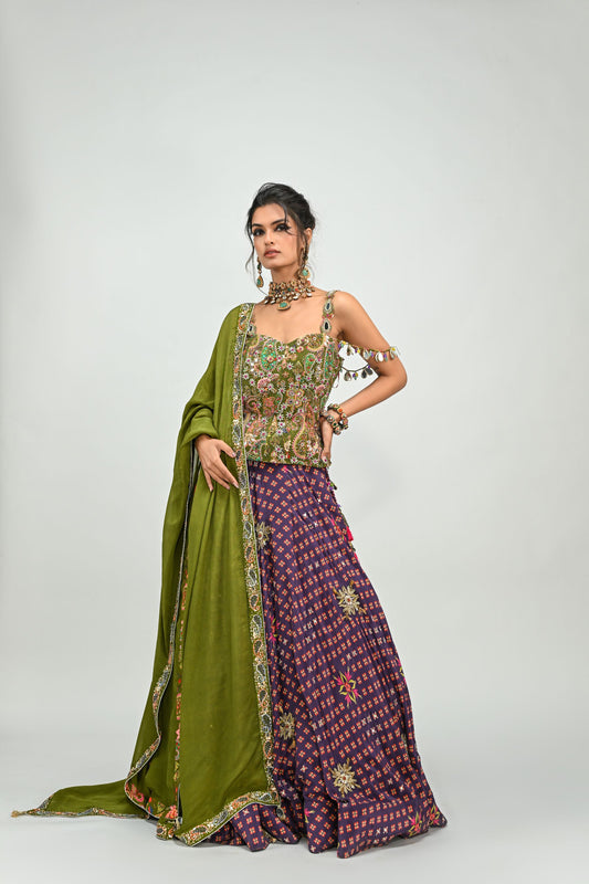 PLUM HIGHLIGHTED LEHENGA PAIRED WITH PLUM BADLA CORSET AND DUPATTA