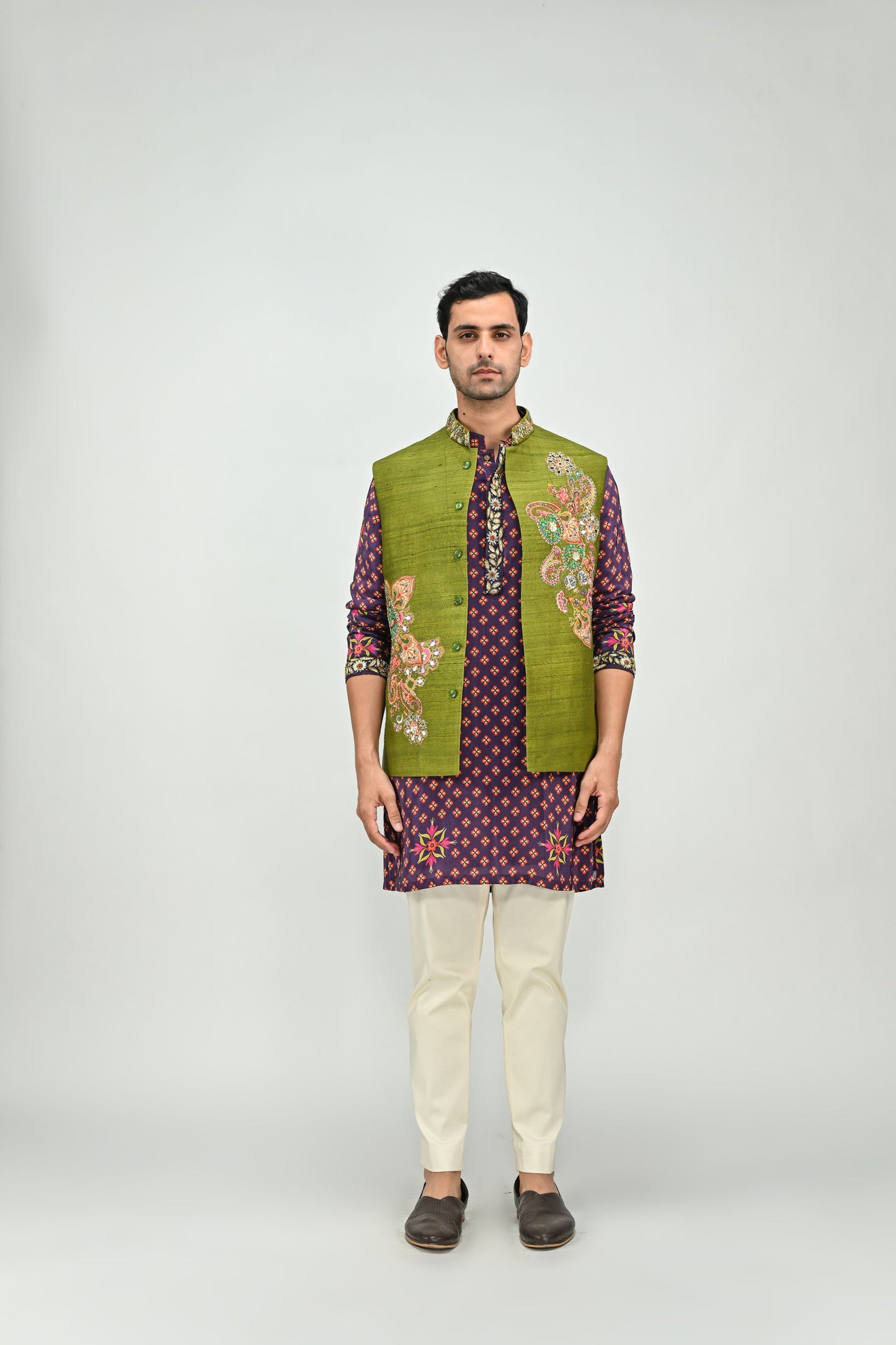 PLUM KURTA PAIRED WITH PATCH OLIVE BUNDI PANT SET
