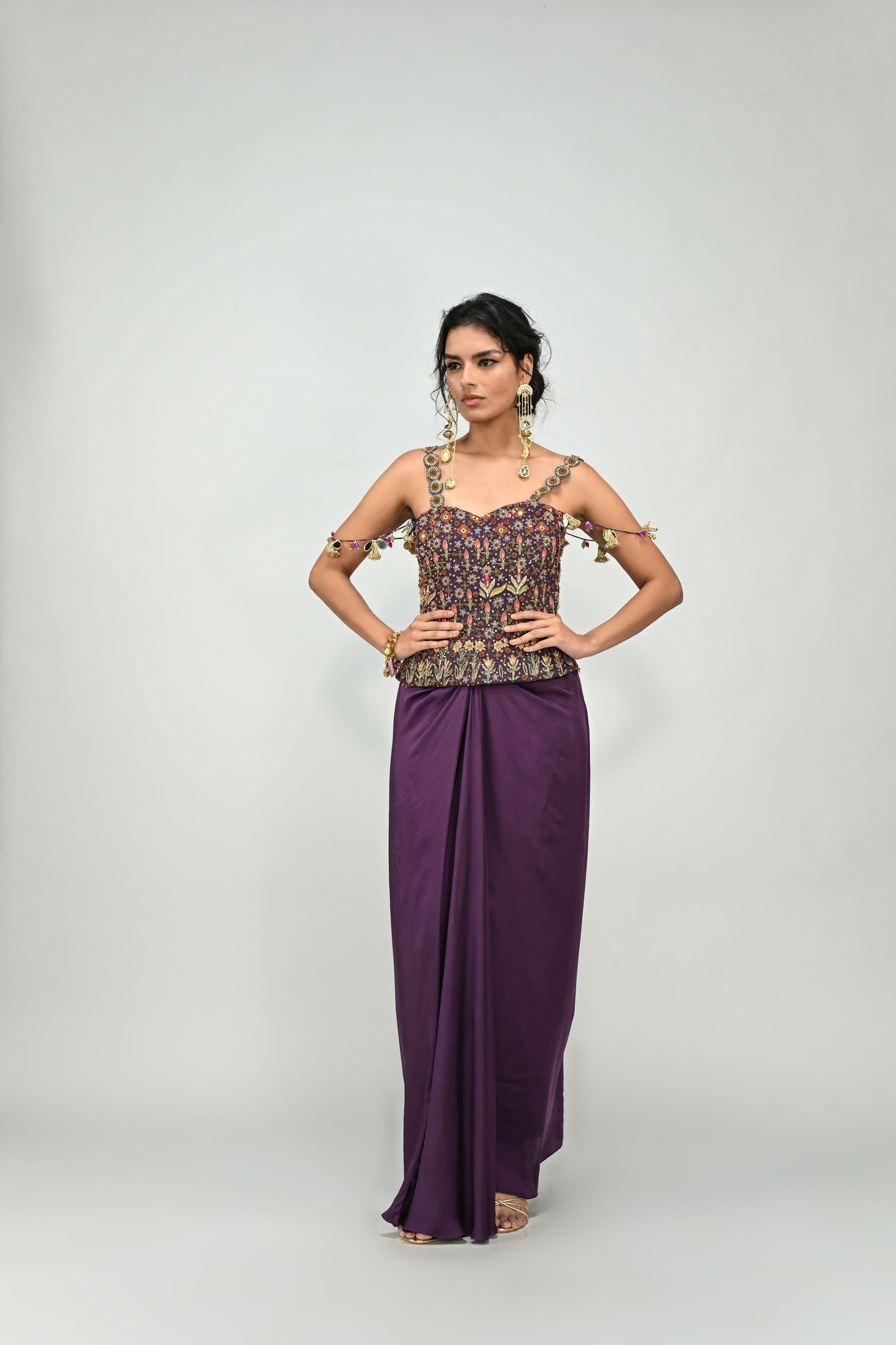 PLUM HIGHLIGHTED BBADLA CORSET SKIRT DHOTI SET