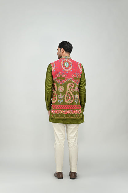 OLIVE PRINTED HIGHLIGHTED HALF JACKET /FULL SET