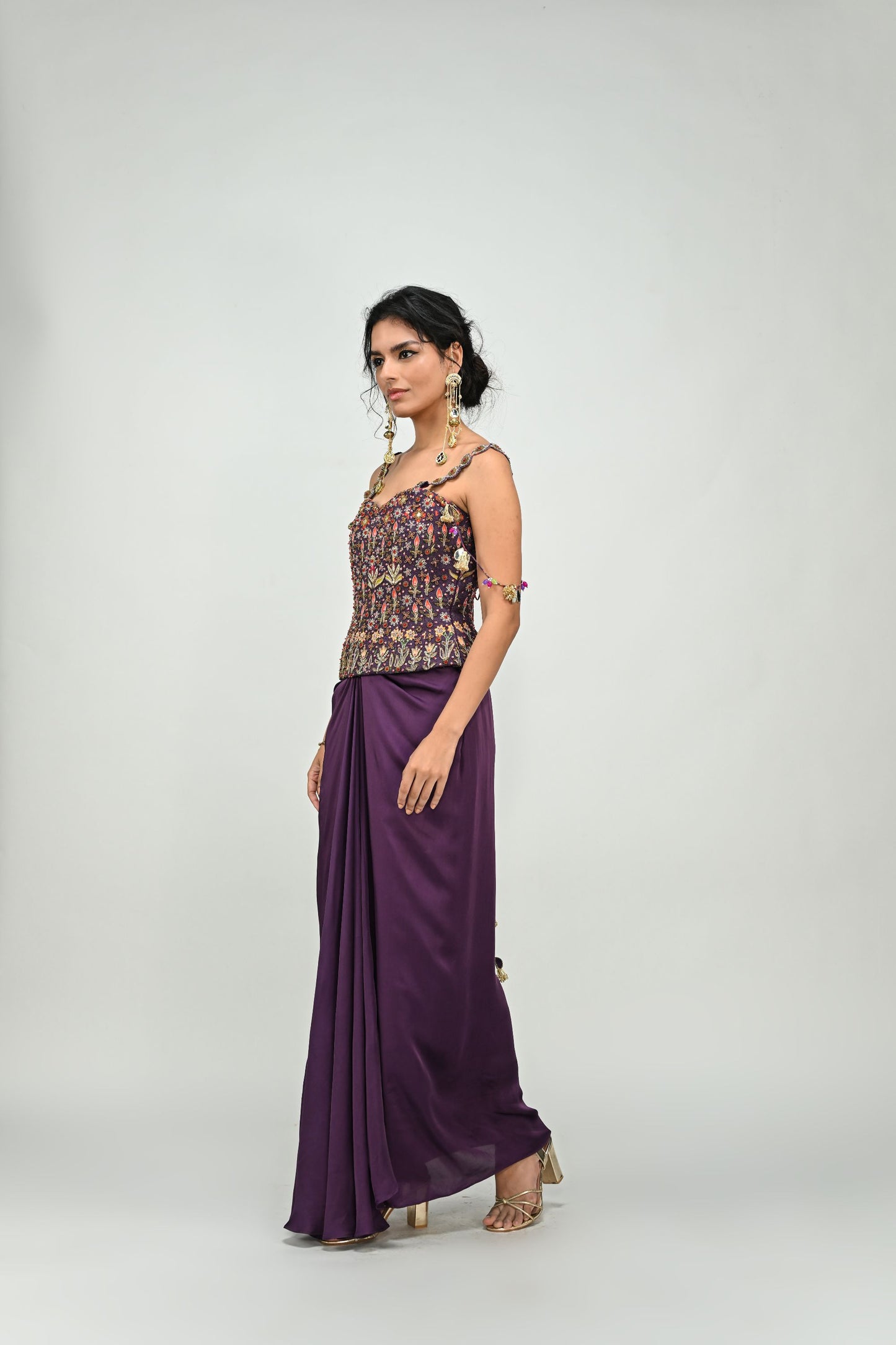 PLUM HIGHLIGHTED BBADLA CORSET SKIRT DHOTI SET