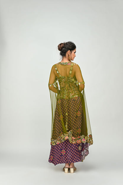 OLIVE BADLA EMBROIDERED CORSET PAIRED WITH EMBROIDERED PLUM DHOTI SET AND OMBRE APPLIQUE CAPE