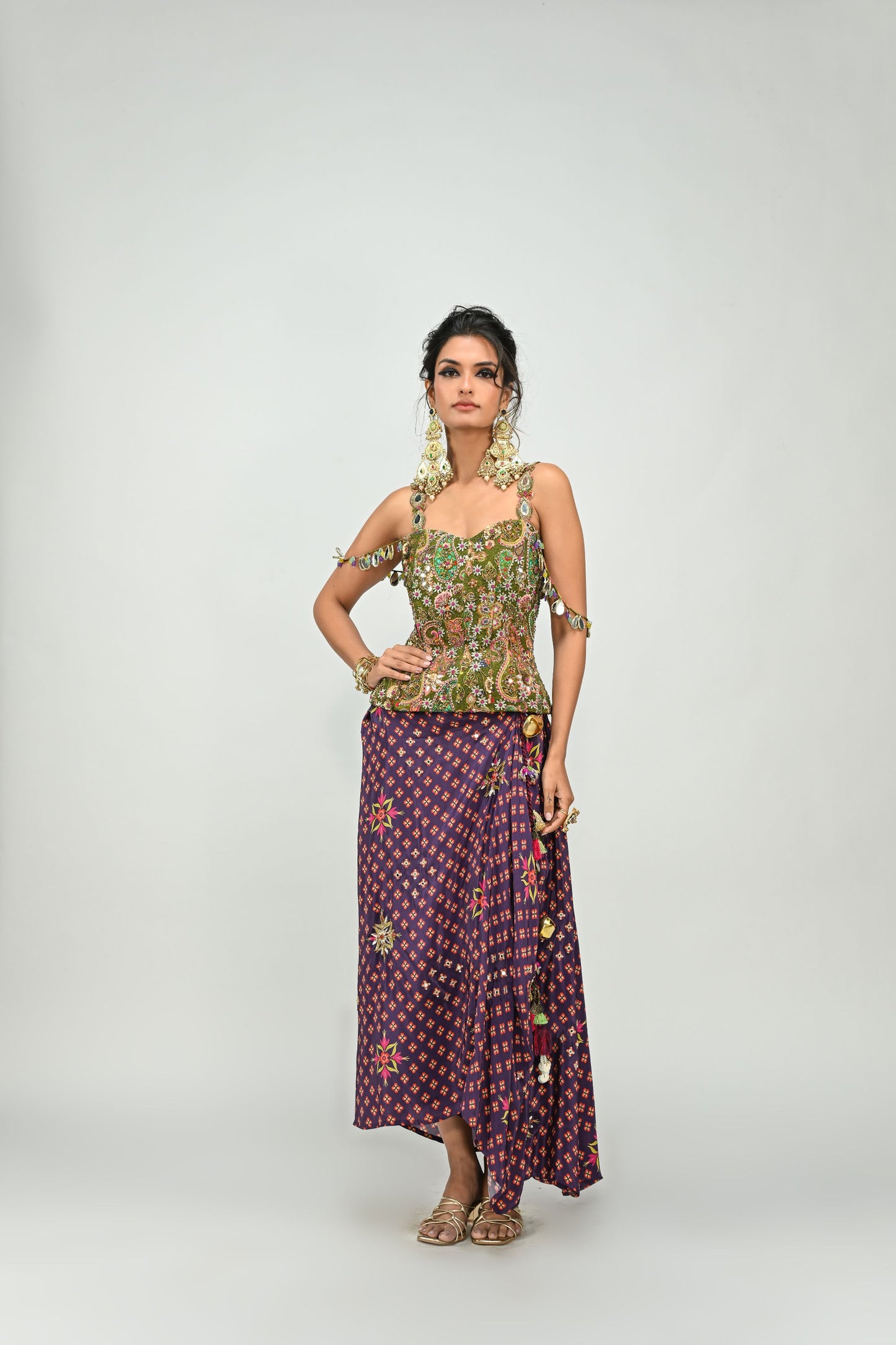 OLIVE BADLA EMBROIDERED CORSET PAIRED WITH EMBROIDERED PLUM DHOTI SET