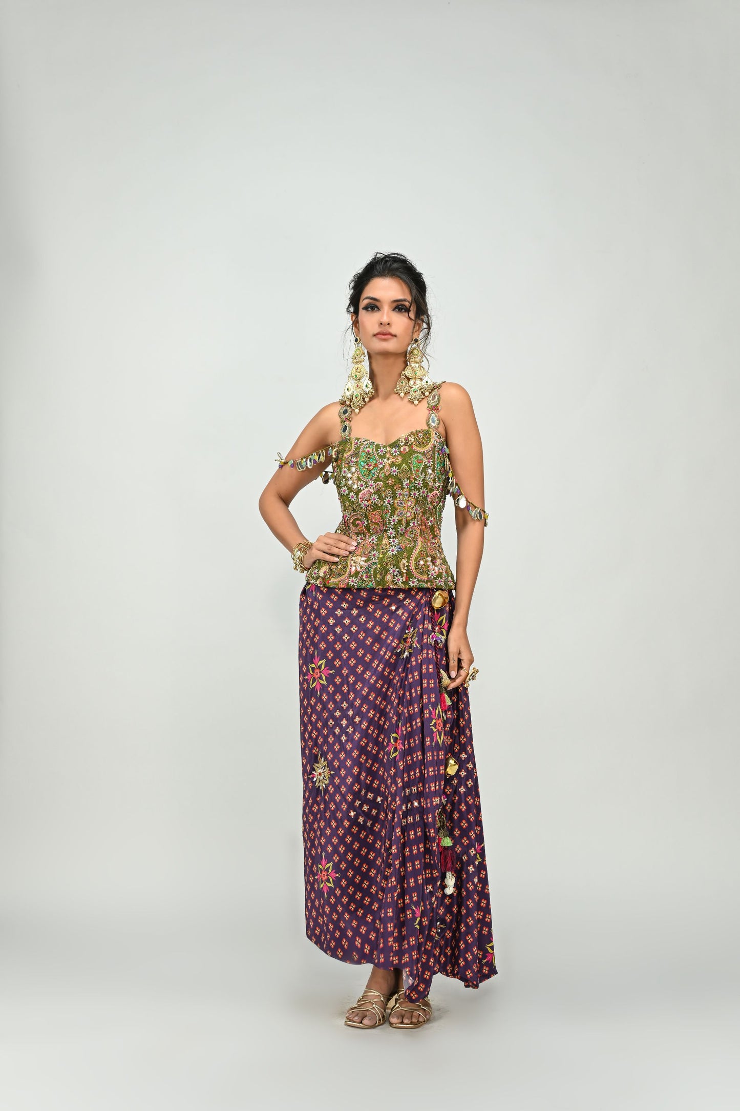 OLIVE BADLA EMBROIDERED CORSET PAIRED WITH EMBROIDERED PLUM DHOTI SET