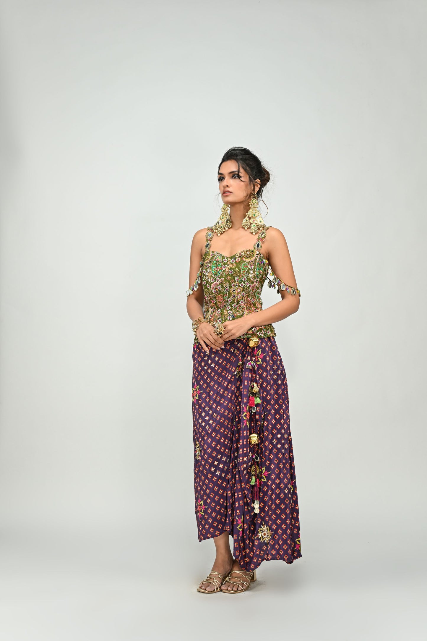 OLIVE BADLA EMBROIDERED CORSET PAIRED WITH EMBROIDERED PLUM DHOTI SET