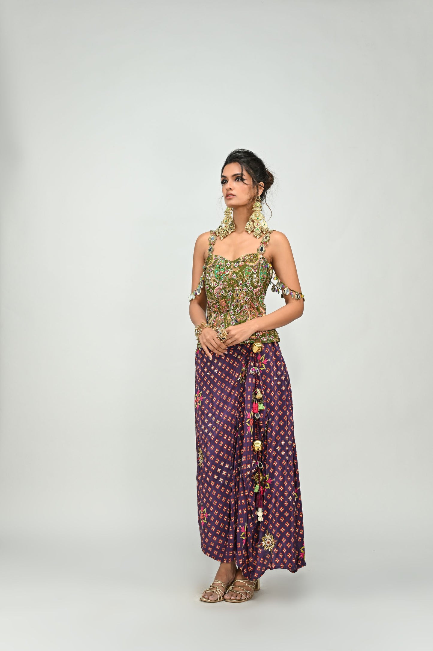 OLIVE BADLA EMBROIDERED CORSET PAIRED WITH EMBROIDERED PLUM DHOTI SET