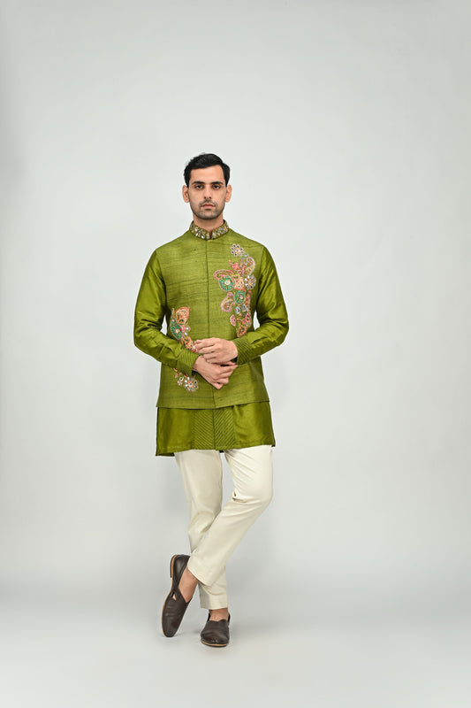 OLIVE PATCH BUNDI KURTA PANT SET