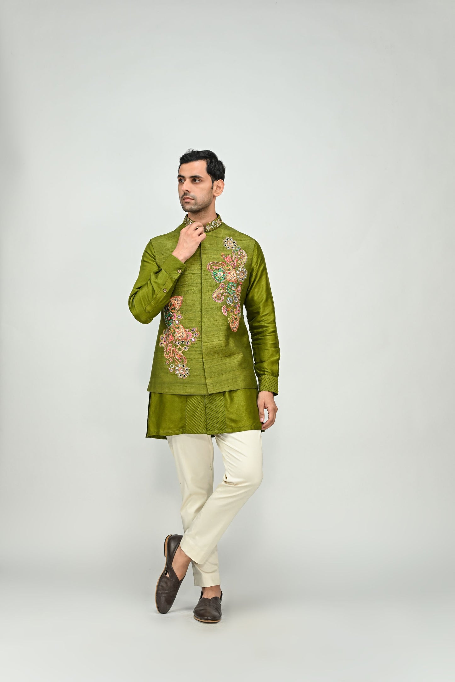 OLIVE PATCH BUNDI KURTA PANT SET