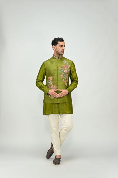 OLIVE PATCH BUNDI KURTA PANT SET