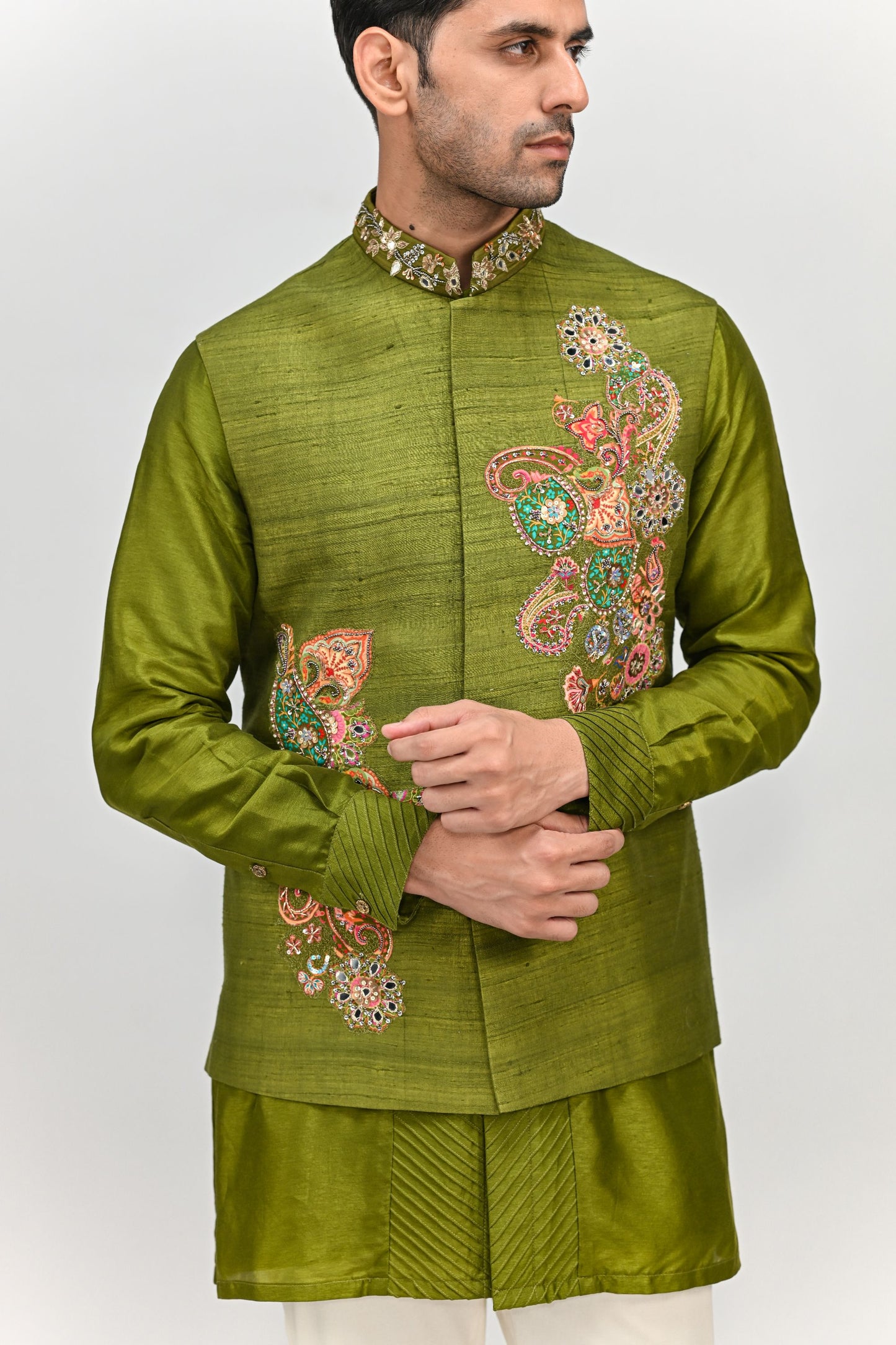 OLIVE PATCH BUNDI KURTA PANT SET