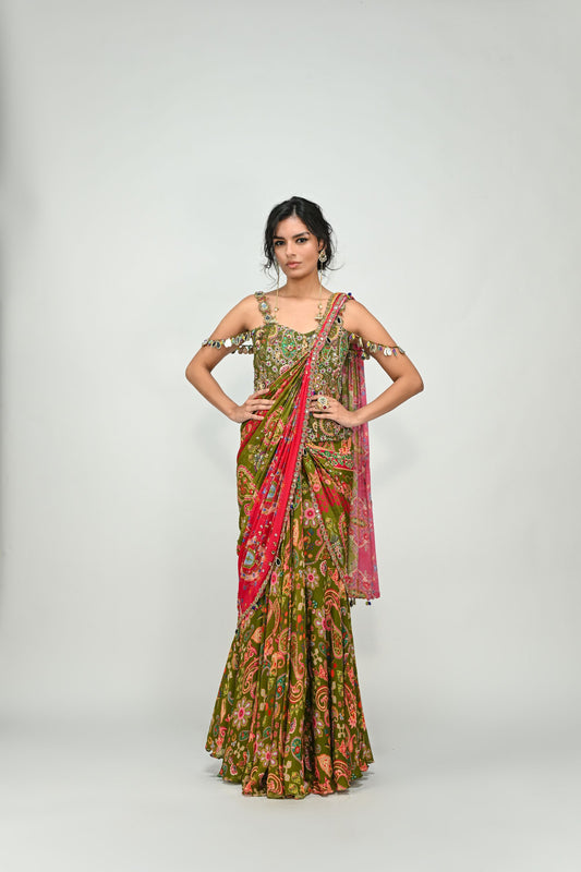 OLIVE HIGHLIGHTED DUAL PRESTITCHED SAREE WITH GREEN BADLA CORSET