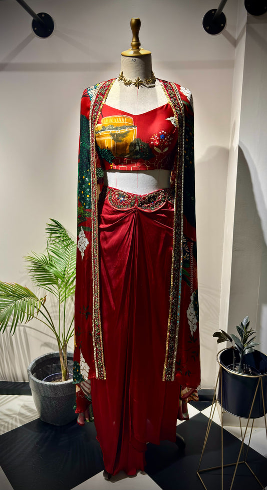 Red mughal printed dhoti cape set