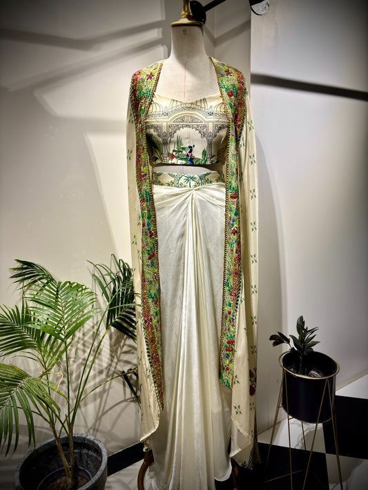 Cream mughal printed cape set