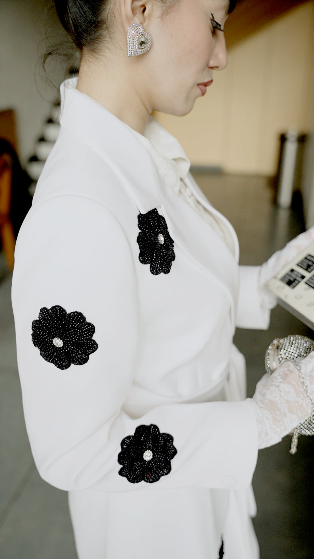 White Blazer with Black 3d Flower Set