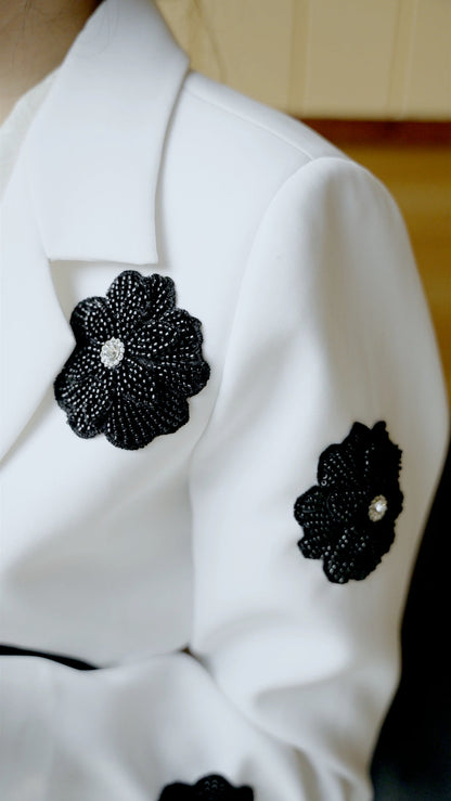White Blazer with Black 3d Flower Set