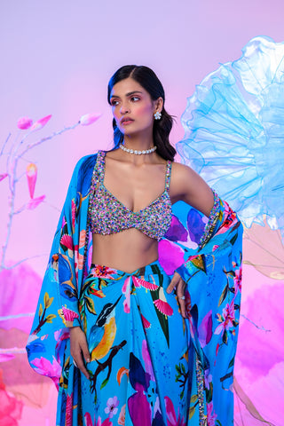 Our Aqua Dhoti Skirt Set with Embroidered Bralette