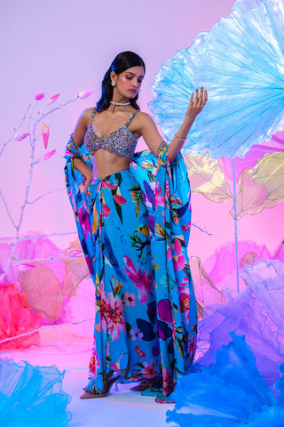 Our Aqua Dhoti Skirt Set with Embroidered Bralette