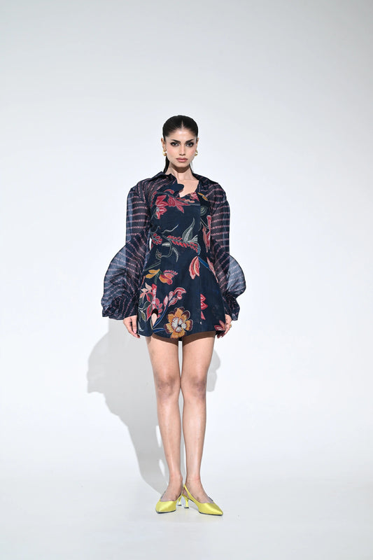 SAPPHIRE NIGHT CORSET DRESS PAIRED WITH ORGANZA SHIRT