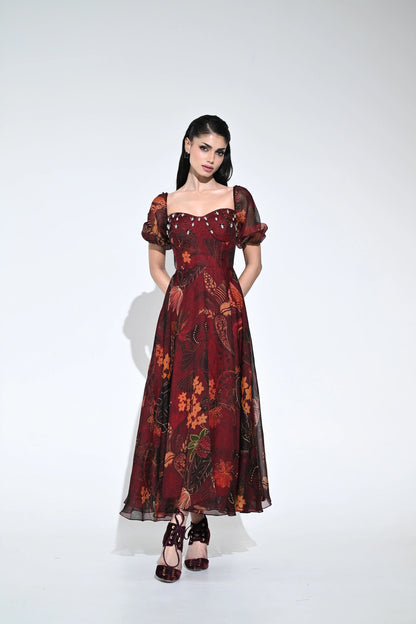 SCARLET FLOWER CORSET MIDI DRESS