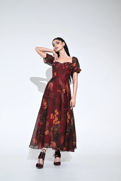 SCARLET FLOWER CORSET MIDI DRESS
