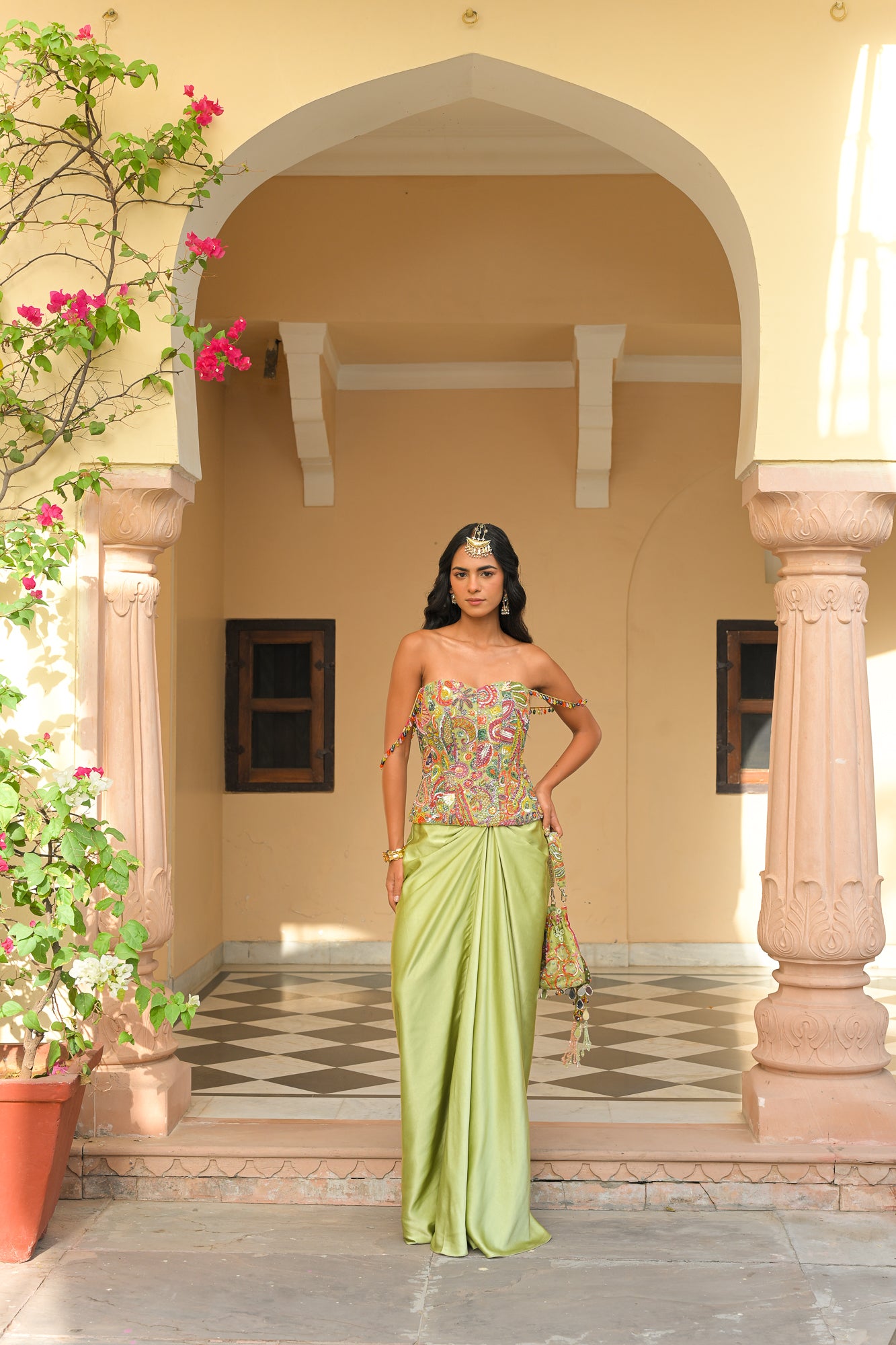 OLIVE BLOOM SEQUENCE. HIGHLIGHT CORSET PAIRED WITH THROW MILANO SKIRT