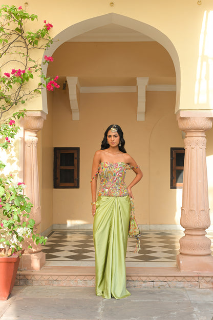 OLIVE BLOOM SEQUENCE. HIGHLIGHT CORSET PAIRED WITH THROW MILANO SKIRT