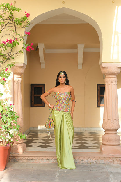 OLIVE BLOOM SEQUENCE. HIGHLIGHT CORSET PAIRED WITH THROW MILANO SKIRT