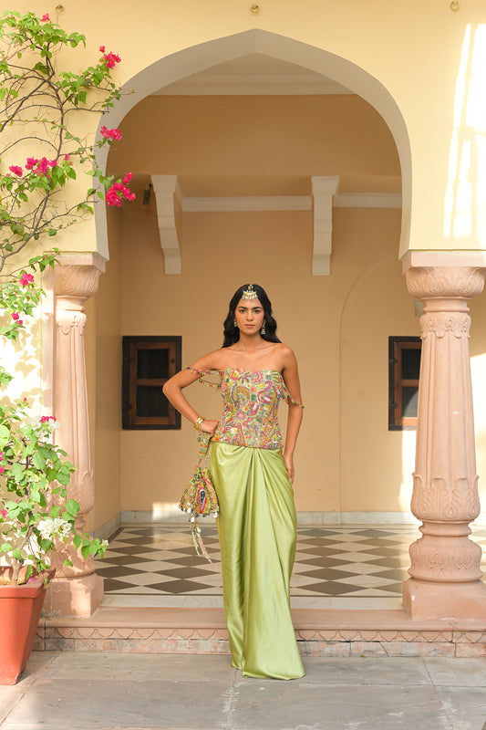 OLIVE BLOOM SEQUENCE. HIGHLIGHT CORSET PAIRED WITH THROW MILANO SKIRT