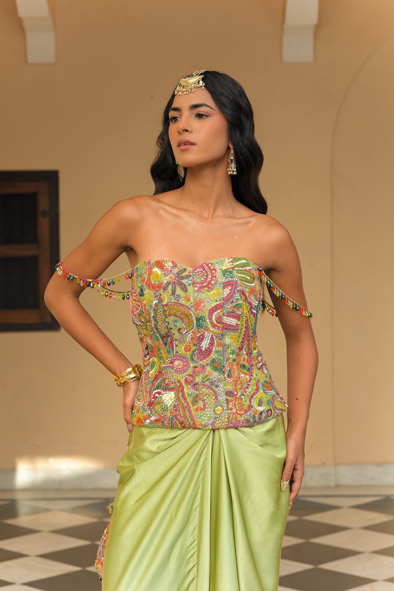 OLIVE BLOOM SEQUENCE. HIGHLIGHT CORSET PAIRED WITH THROW MILANO SKIRT