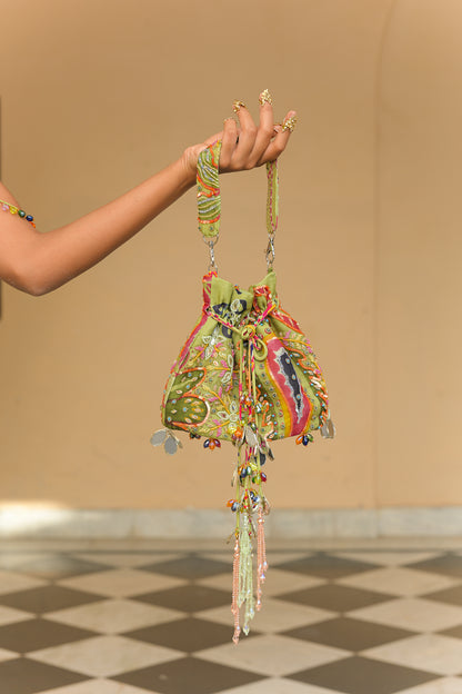 OLIVE BLOOM MIRROR WORK TASSEL POTLI