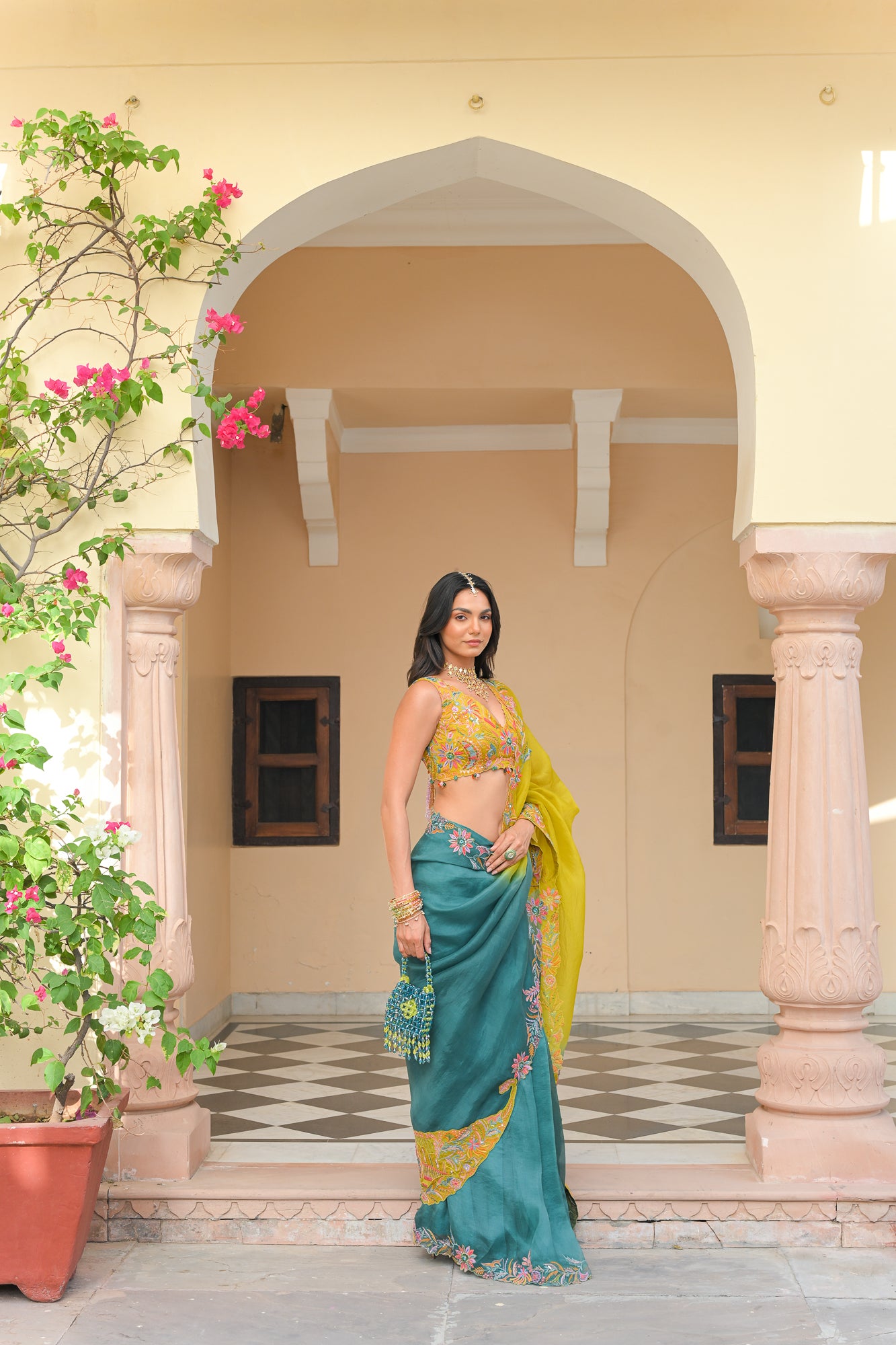 SHADED ORGANZA THREAD WORK APPLIQUE PAISLEY SAREE