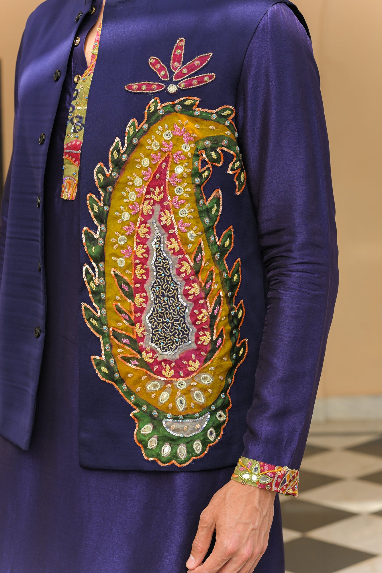 PAISLEY PATCH BUNDI KURTA JACKET PANT SET