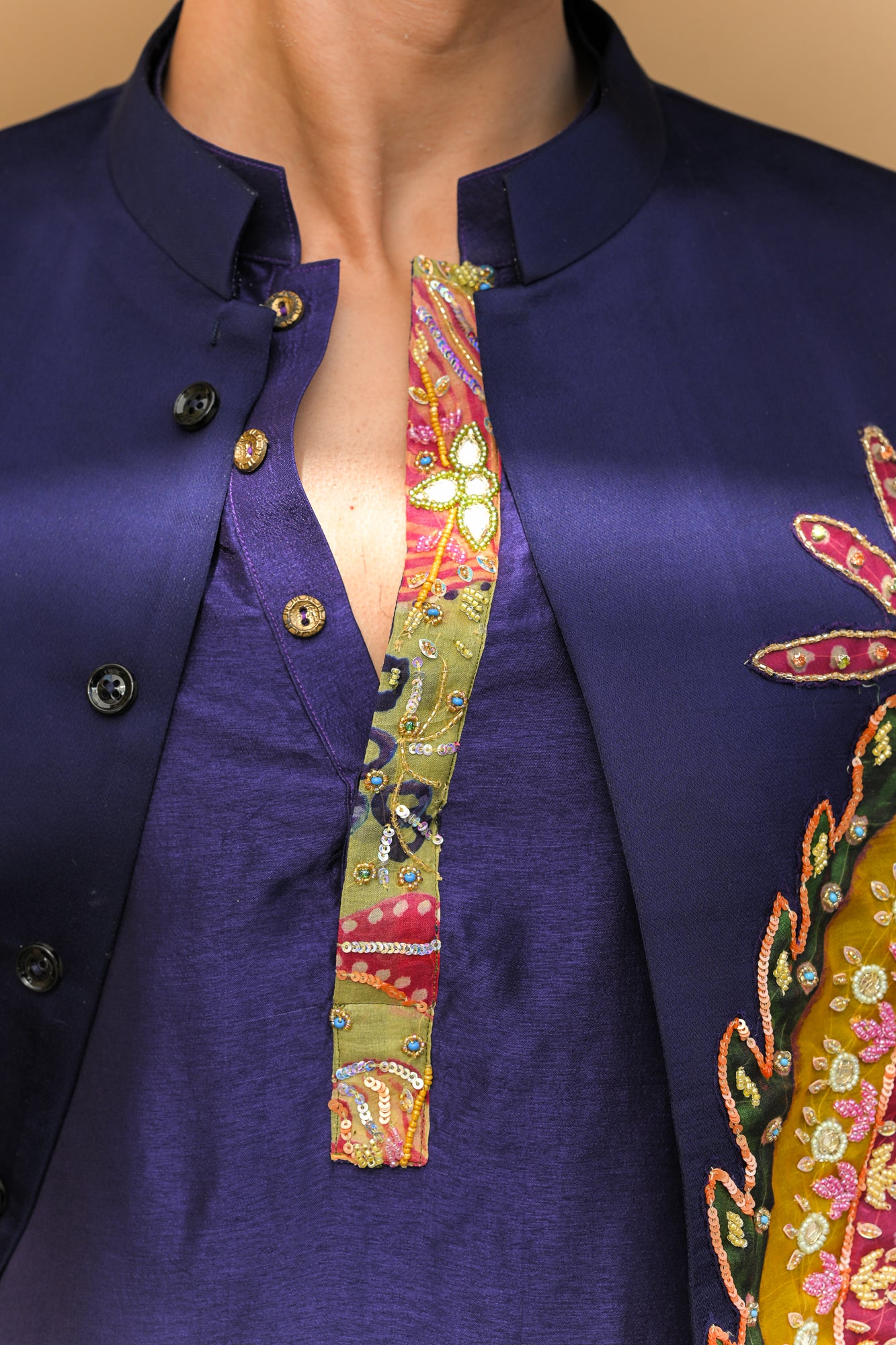 PAISLEY PATCH BUNDI KURTA JACKET PANT SET