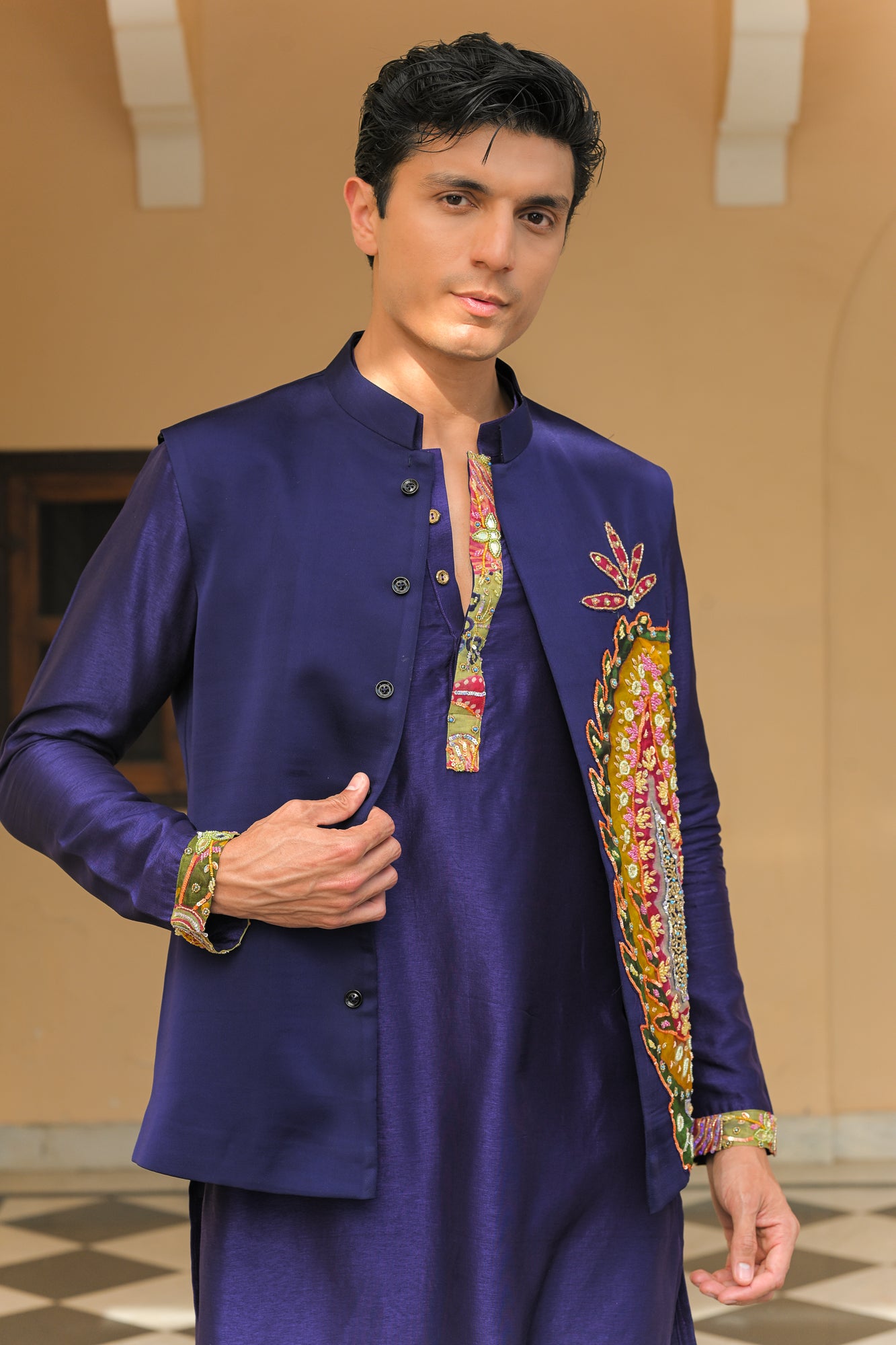 PAISLEY PATCH BUNDI KURTA JACKET PANT SET