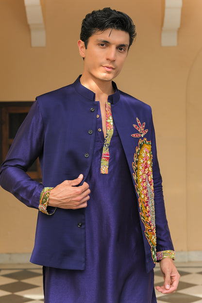 PAISLEY PATCH BUNDI KURTA JACKET PANT SET